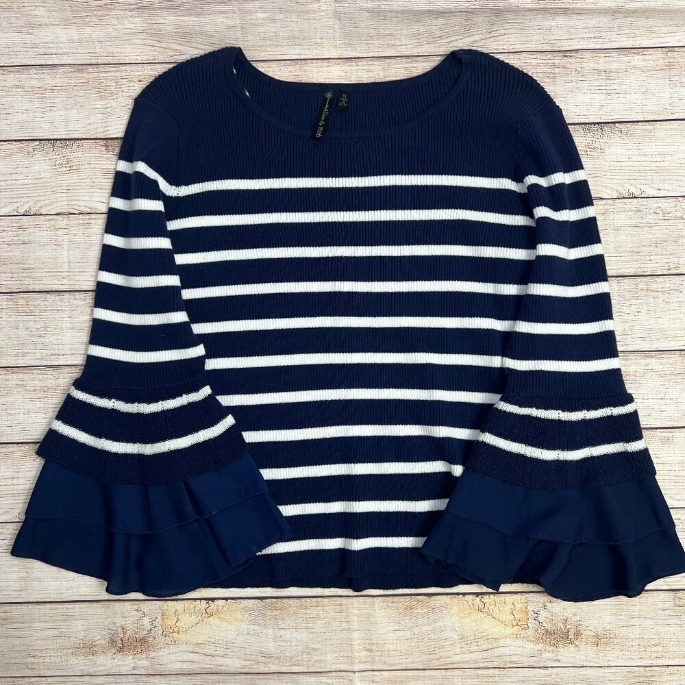 Allie & Rob Navy White Striped Sweater XL Ruffle Hem Long Sleeve Ribbed Knit Top